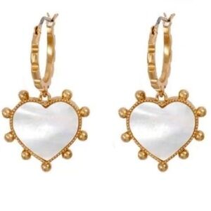 TORY BURCH GOLD TONE + MOTHER OF PEARL HUGGIE HEART DROP EARRINGS